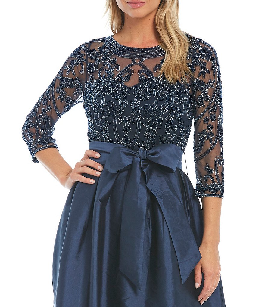 Pisarro Nights Petite Size 3/4 Sleeve Illusion Boat Neck Beaded Taffeta Gown