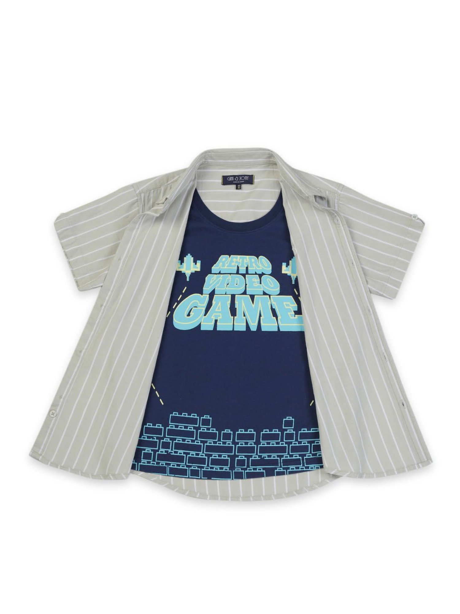 Gini & Jony Kids Sage Green & Navy Striped T-Shirt With Shirt