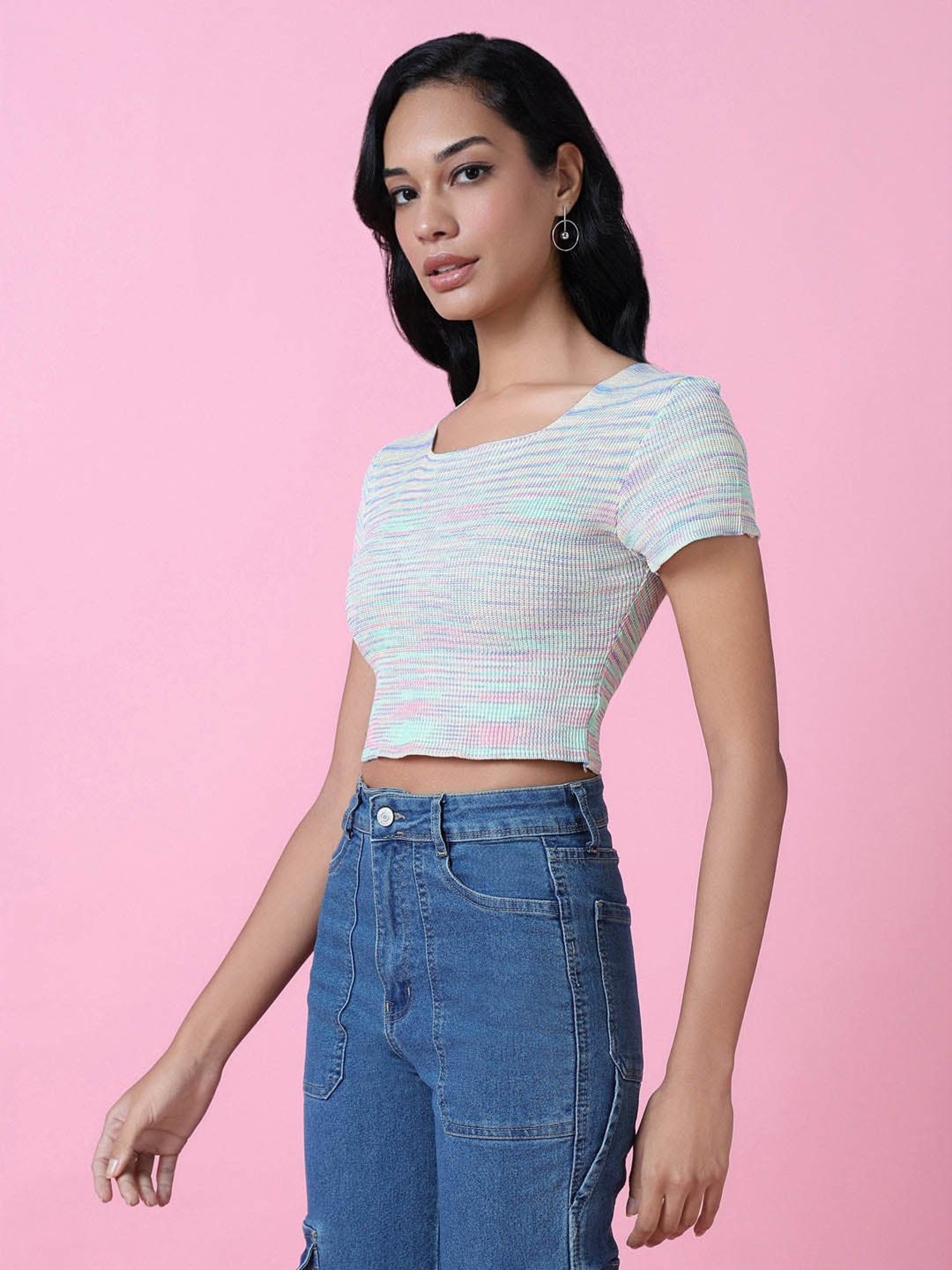 SHOWOFF Green Textured Crop Top