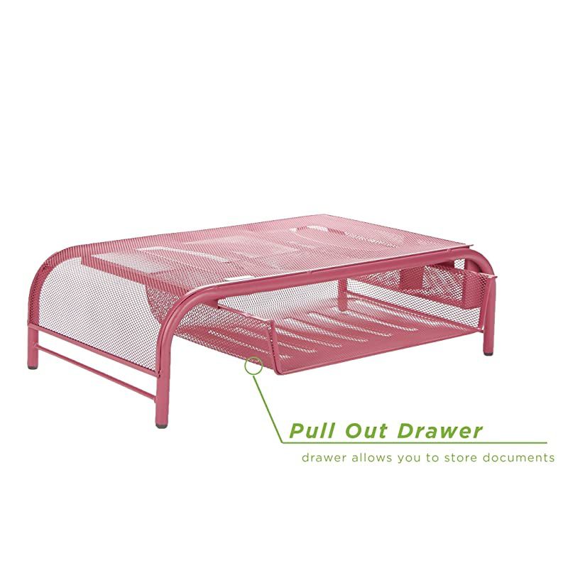 MESHMONSTA-PNK Metal Mesh Desk Drawer, Desktop Monitor Stand Organizer, Pink