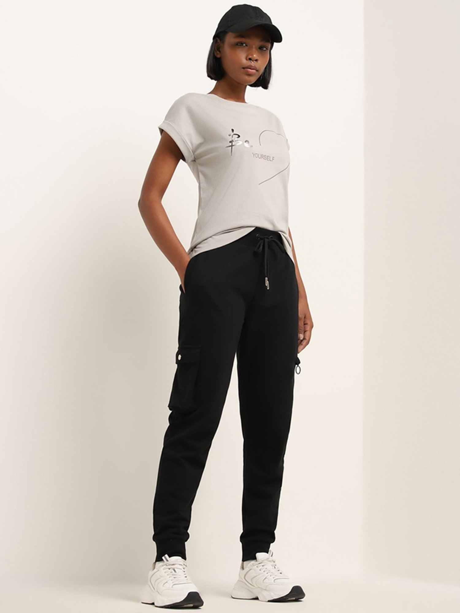 Studiofit by Westside Grey Holographic Text Design Cotton T-Shirt