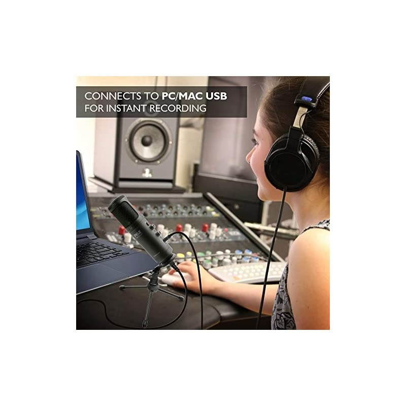 USB PC Recording Condenser Microphone - Blue LED, Adjustable Gain, Headphone Jack, Mute Control, Tripod Stand - Portable Pro Audio Condenser Desk Mic for Podcast Streaming Gaming -  PDMIUSB50