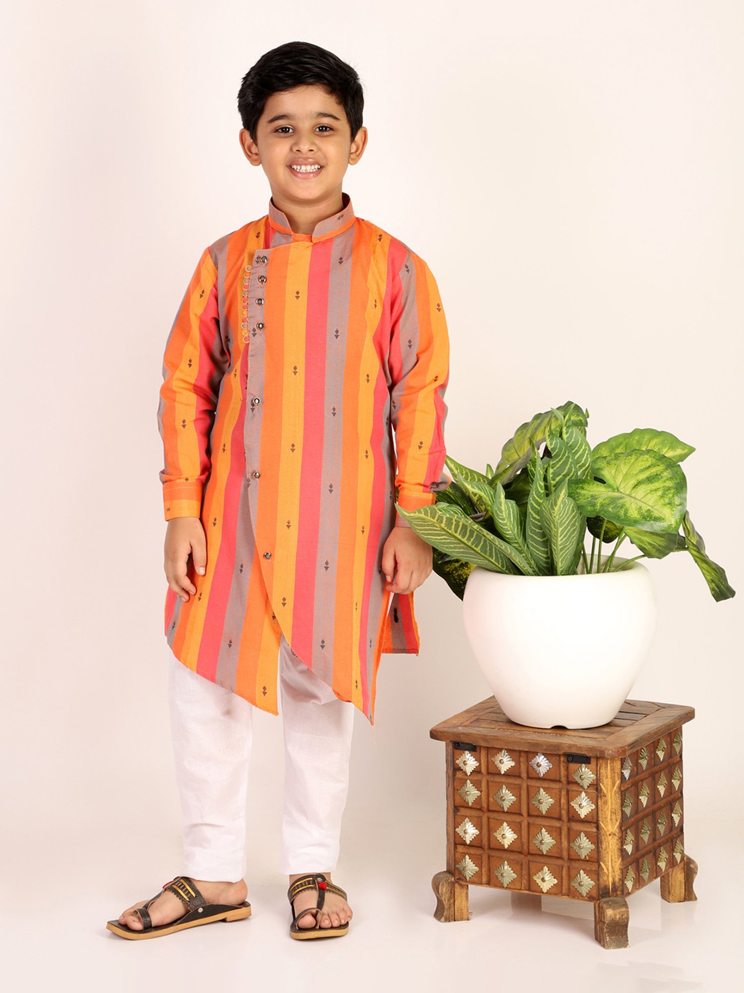 Pro-Ethic Style Developer Kids Orange & White Striped Full Sleeves Kurta with Pyjamas