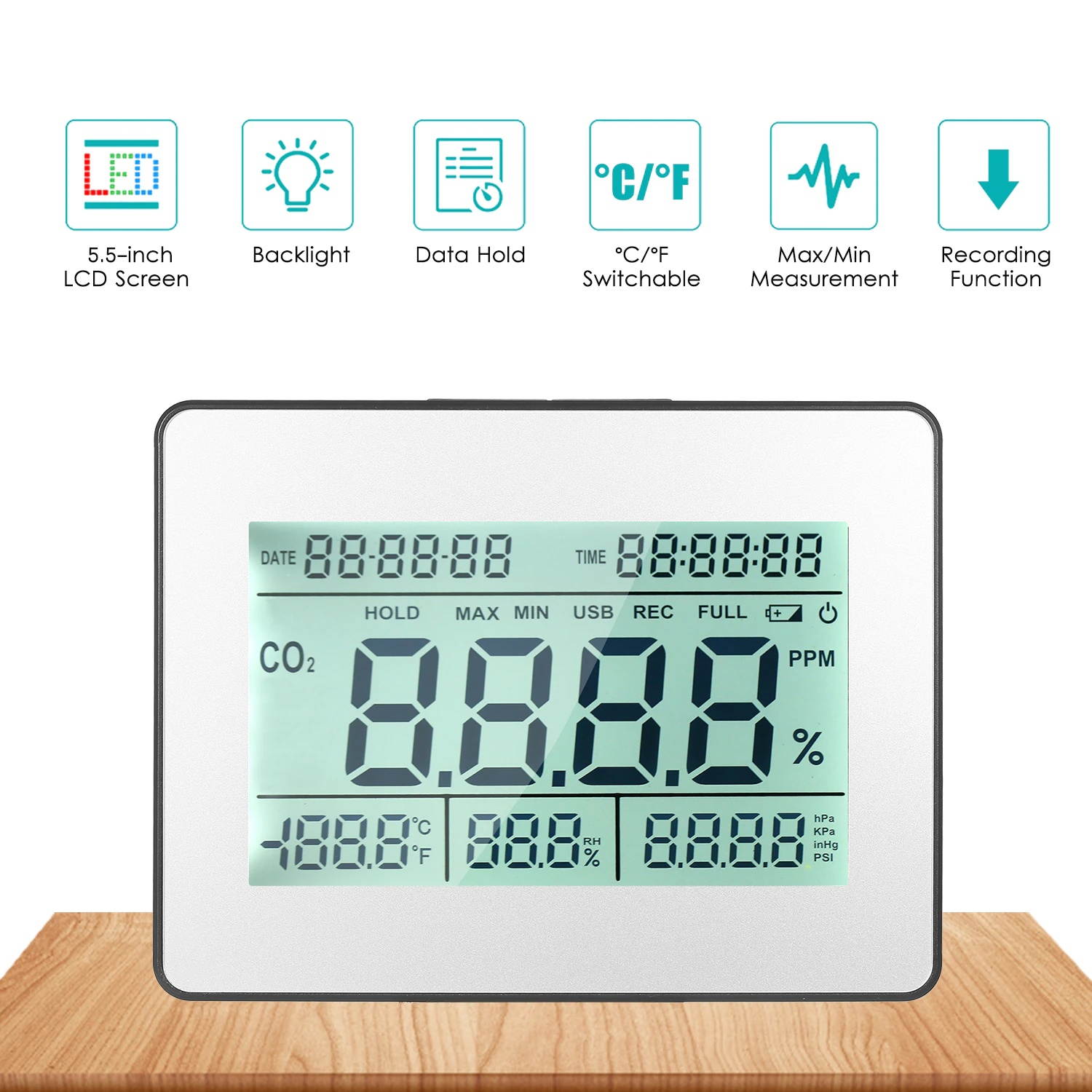 Carbon Dioxide Detector Air Quality Monitor with Data Logging Clock Function 5.5-inch Large  Wall Mountable CO2 Detector