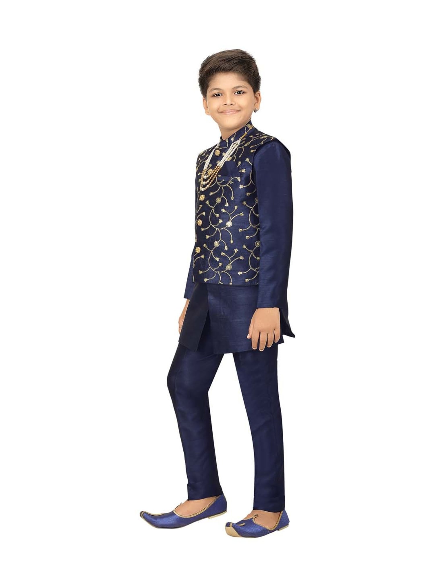 Ahhaaaa Kids Navy Cotton Embroidered Full Sleeves Kurta Set