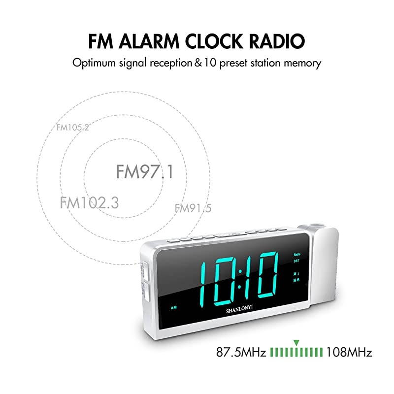 Alarm Clock with AM/FM Radio, 180&deg;Projector, 7" LED Digital Ceiling Display, Easy to Use, Clear Cyan Digit, 3 Dimmer, Digital Alarm Clock with USB Phone Charger, Battery Backup for Bedroom