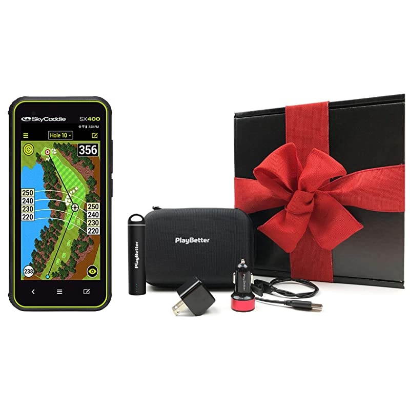 SkyCaddie SX400 Gift Box Bundle | +Car/Wall USB Charging Adapters, Portable Charger &  Protective Hard Case | Rugged, Touchscreen, 4" Display, 35,000 Maps | Handheld Golf GPS