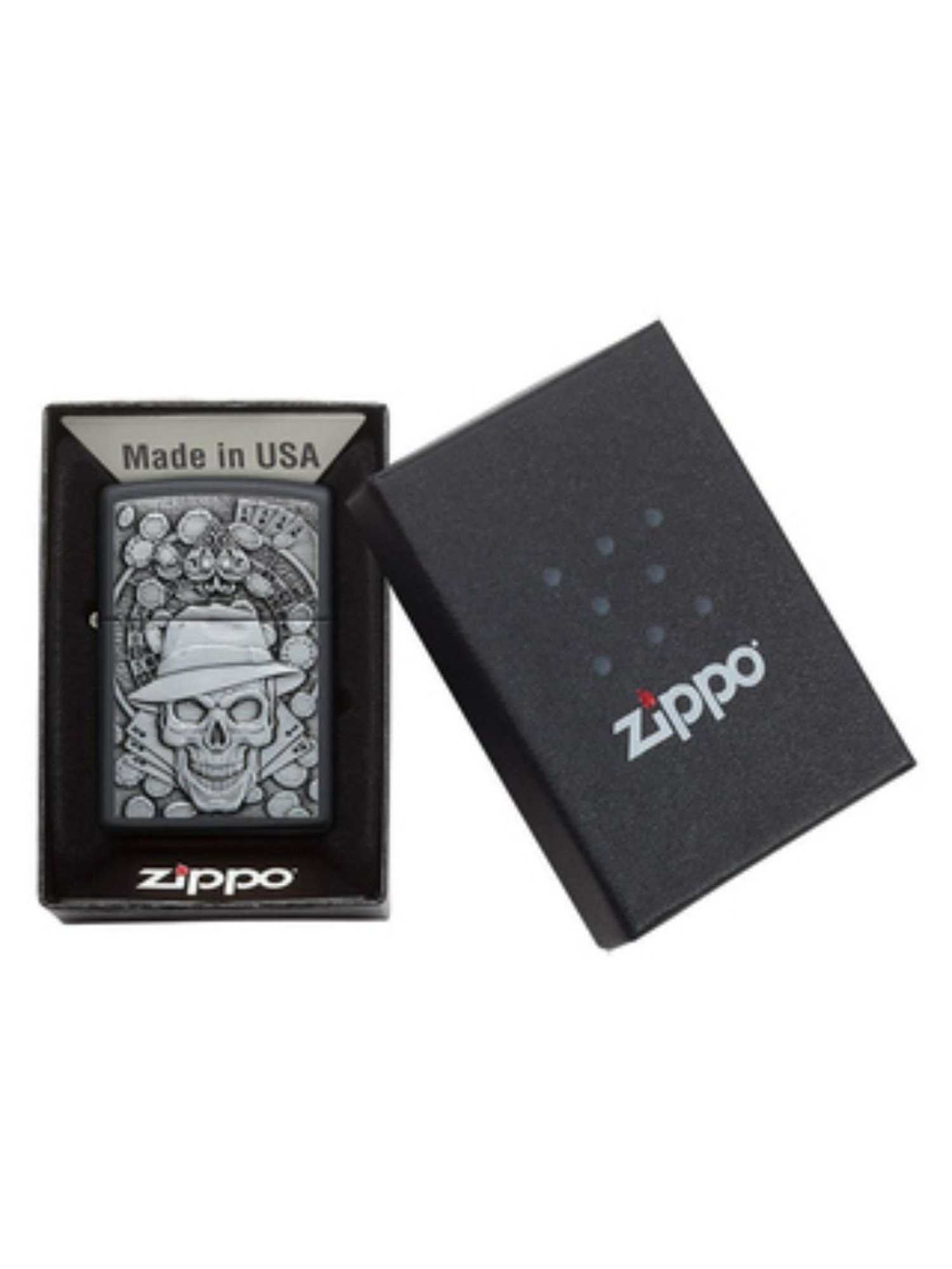 Zippo Black & Silver Gambling Skull Brass Pocket Lighter
