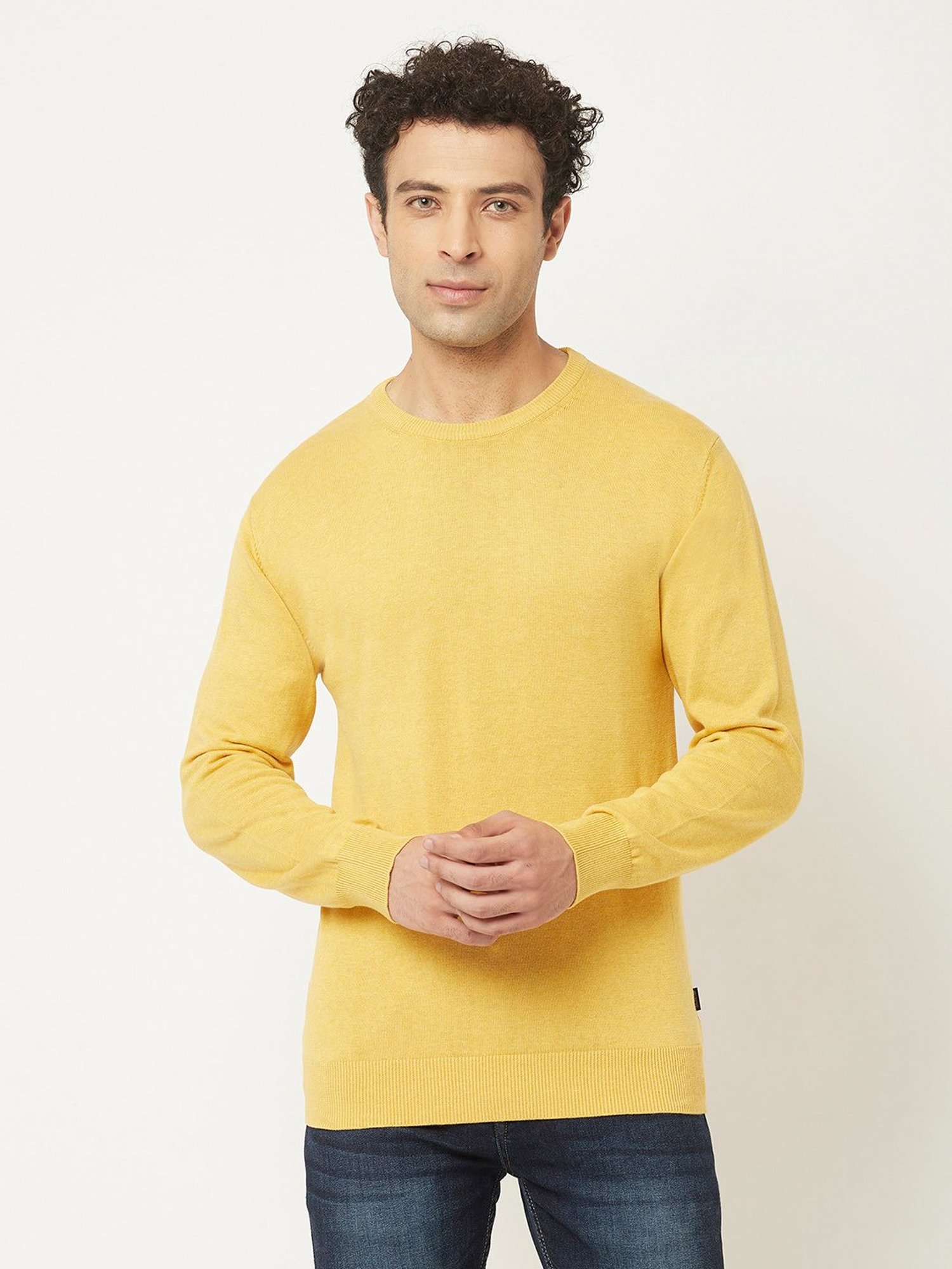 Crimsoune Club Yellow Regular Fit Round Neck Cotton Sweater