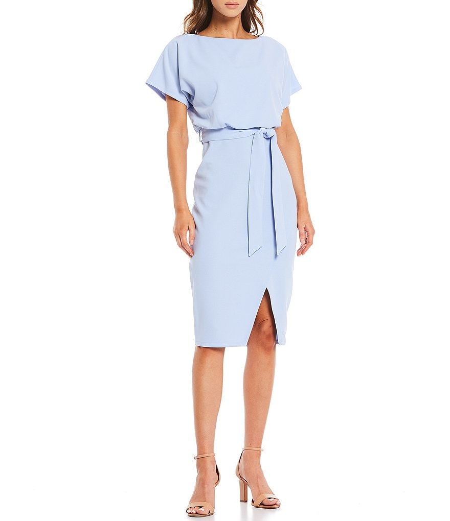 Kensie Textured Knit Boat Neck Tie Waist Short Sleeve Blouson Dress
