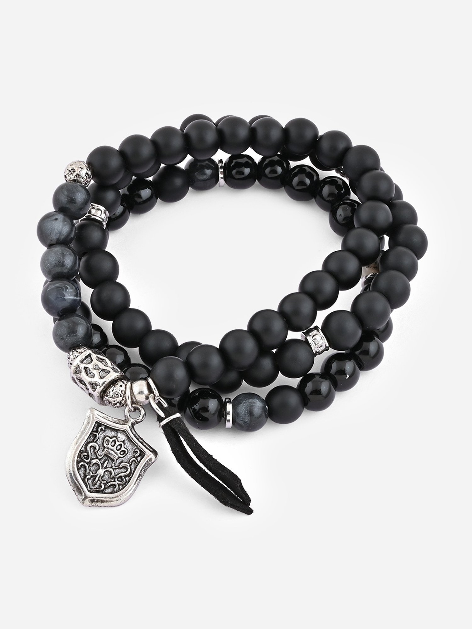 The Bro Code Black Casual Party Men's Beaded with Charm Stack Bracelet - Set of 3