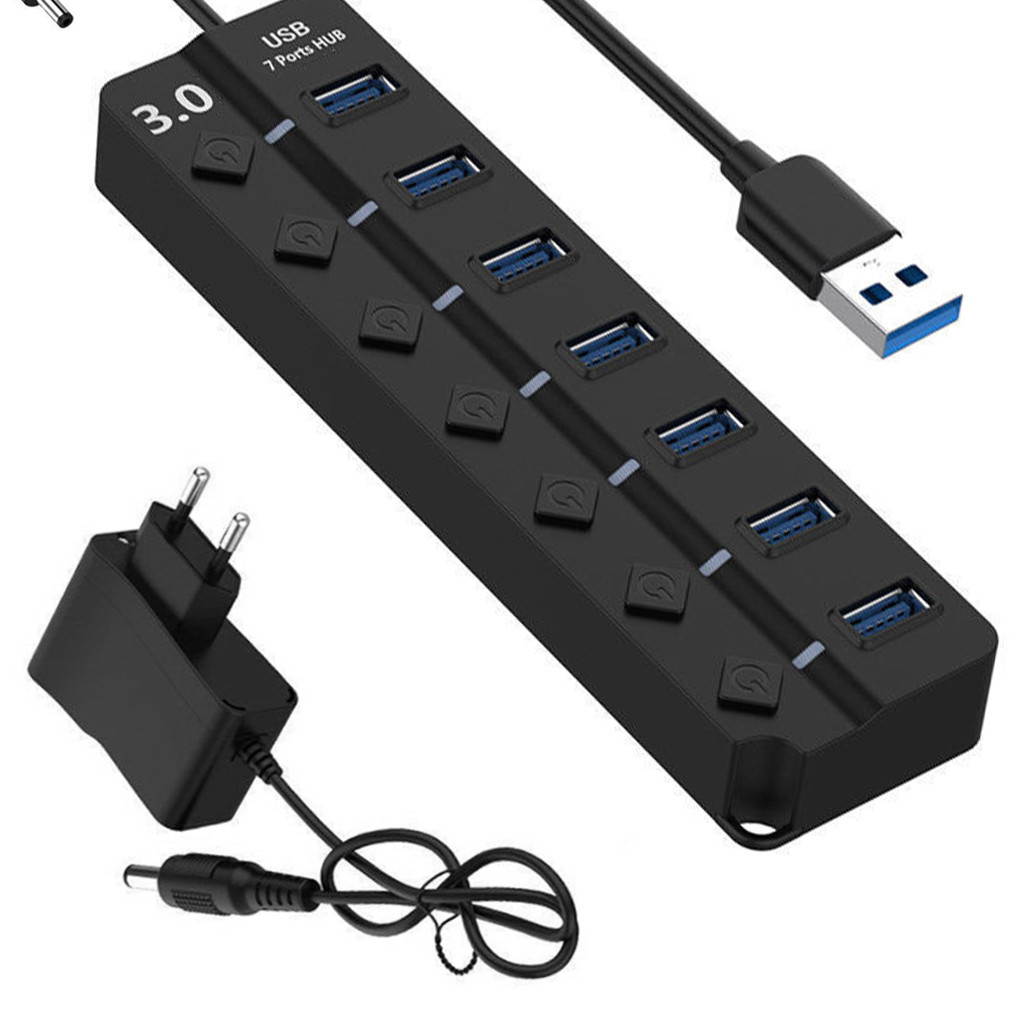USB 3.0 High Speed Hub 7 Port USB 3.0 Hub Splitter On/Off Switch with US/EU Power Adapter for MacBook Laptop PC Accessories