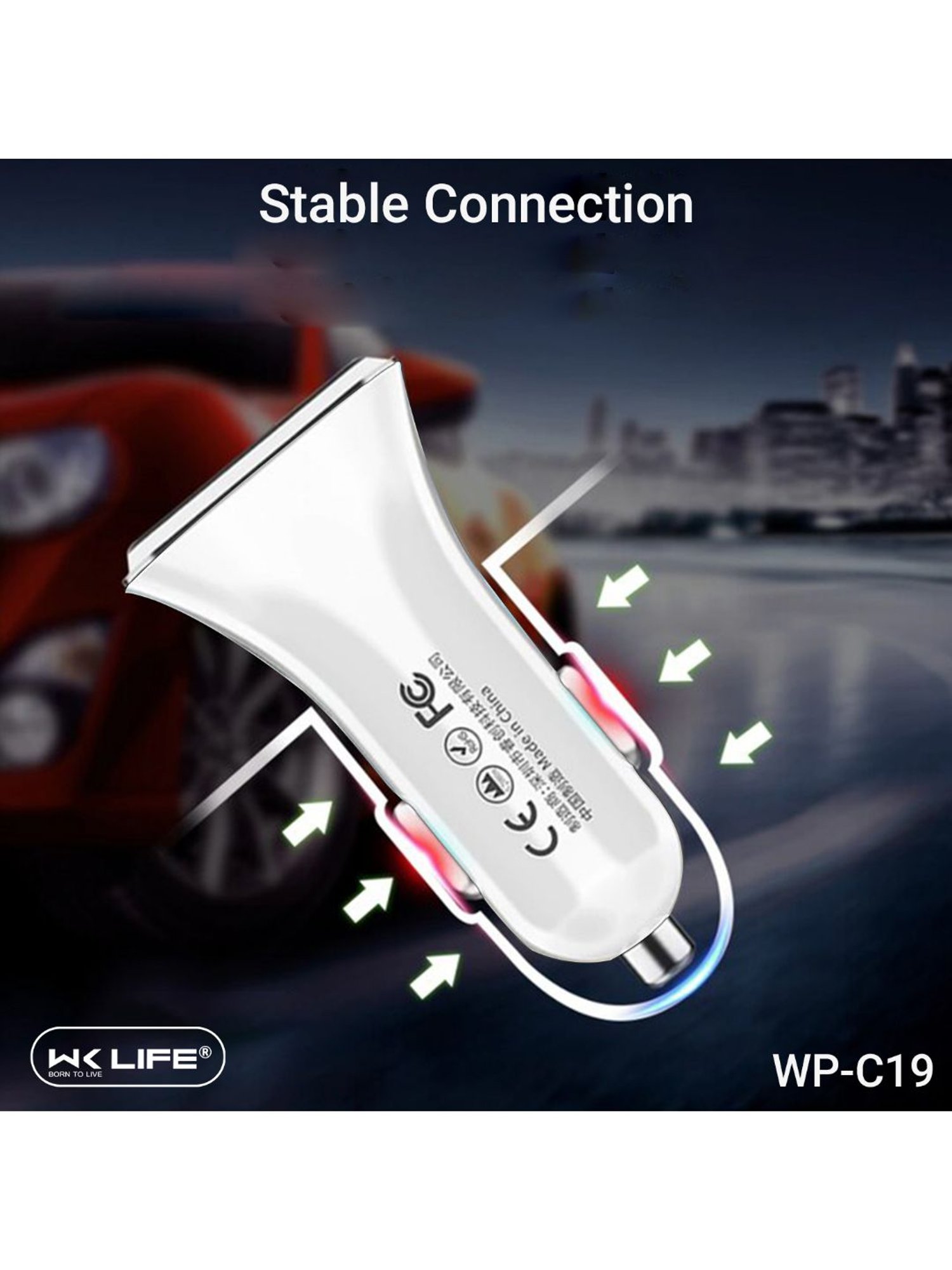 Wk Life WP C19 USB Car Charger for Apple & Android Devices (White)