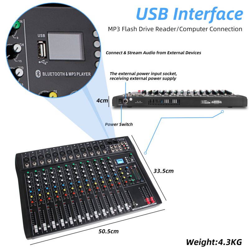 Depusheng DT12 Studio Audio Mixer 12-Channel DJ Interface USB Drive for Computer Recording Input, XLR Microphone Jack, 48V Power, RCA Input/Output for Professional