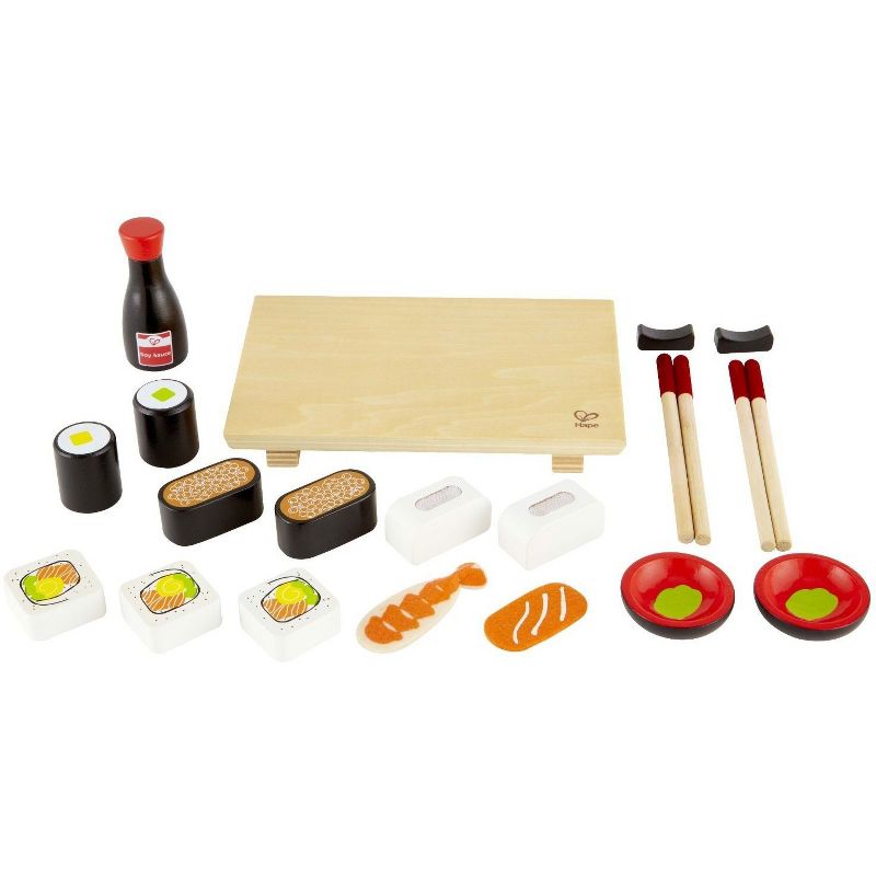 Hape E3130 Sushi Selection Kids Wooden Pretend Kitchen Play Food and Accessories Set with Sushi Rolls, Chopsticks, Bowls, Soy Sauce, and Serving Board
