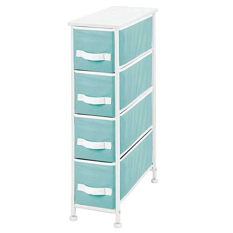 Narrow Vertical Dresser Storage Tower - Sturdy Metal Frame, Wood Top, Easy Pull Fabric Bins - Organizer Unit for Bedroom, Hallway, Entryway, Closet, 4 Drawers - Turquoise/White