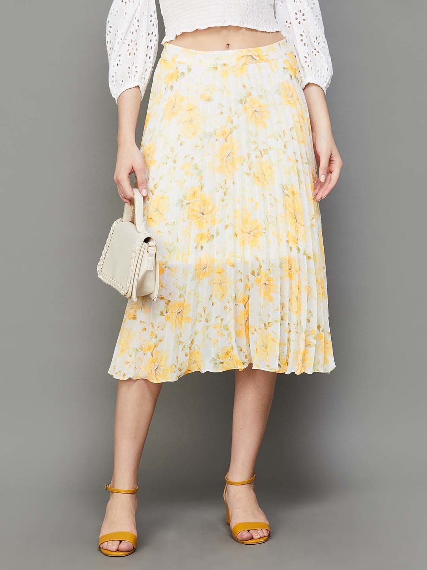 Code by Lifestyle Yellow Printed A-Line Skirt