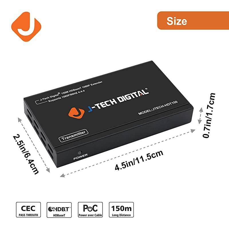 Long Range HDMI Extender Over Cat6 150m/492ft HDBaseT 1080P Extender PoC, Bi-Directional IR, Supports Dolby Digital, DTS, with EDID, CEC, & RS-232 Passthrough (JTECH-HDT150)