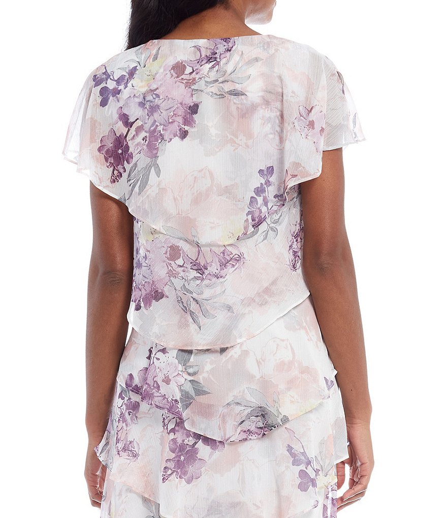 Ignite Evenings Floral Cape Sleeve V-Neck Ruffle Tiered Dress