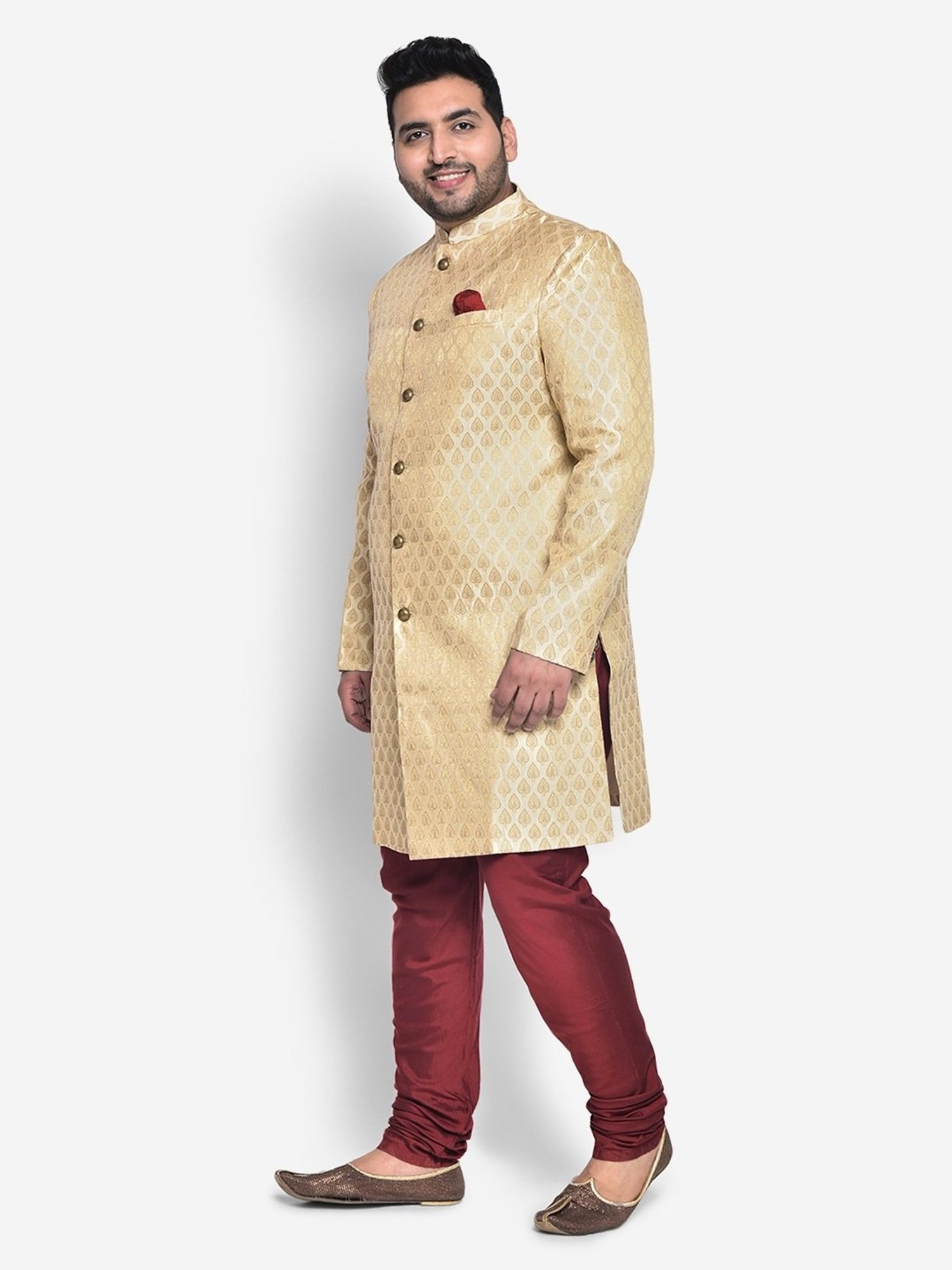 KISAH PLUS Beige Regular Fit Jacquard Sherwani Set