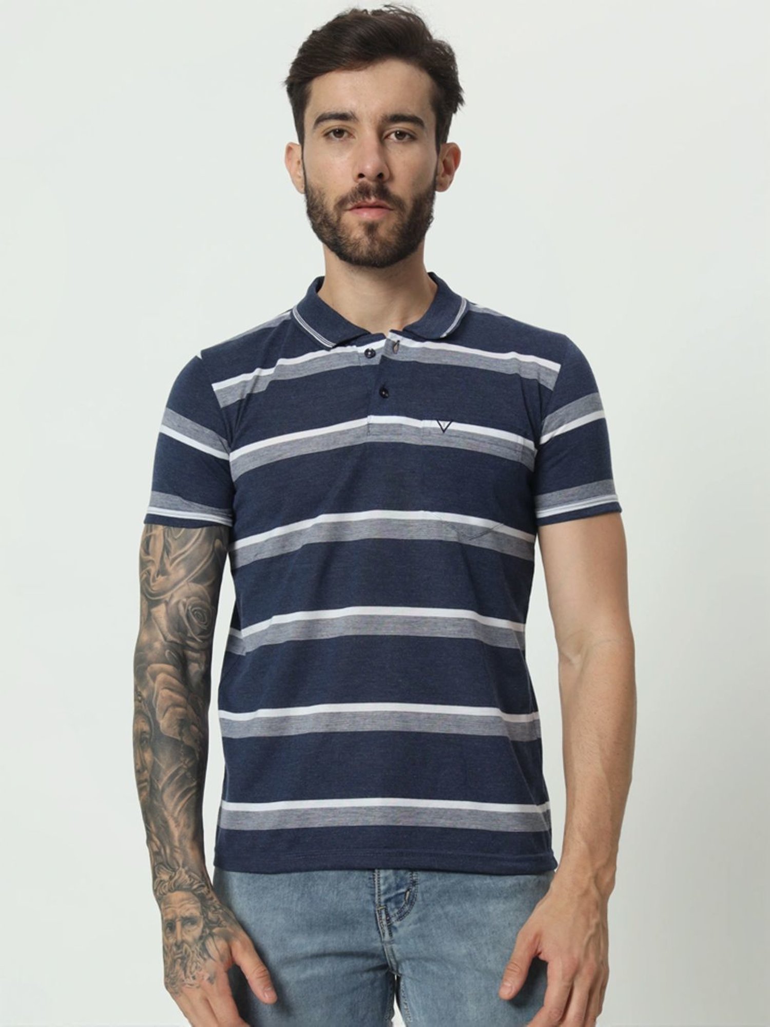 Tab91 Dark Blue Regular Fit Striped Polo T-Shirts