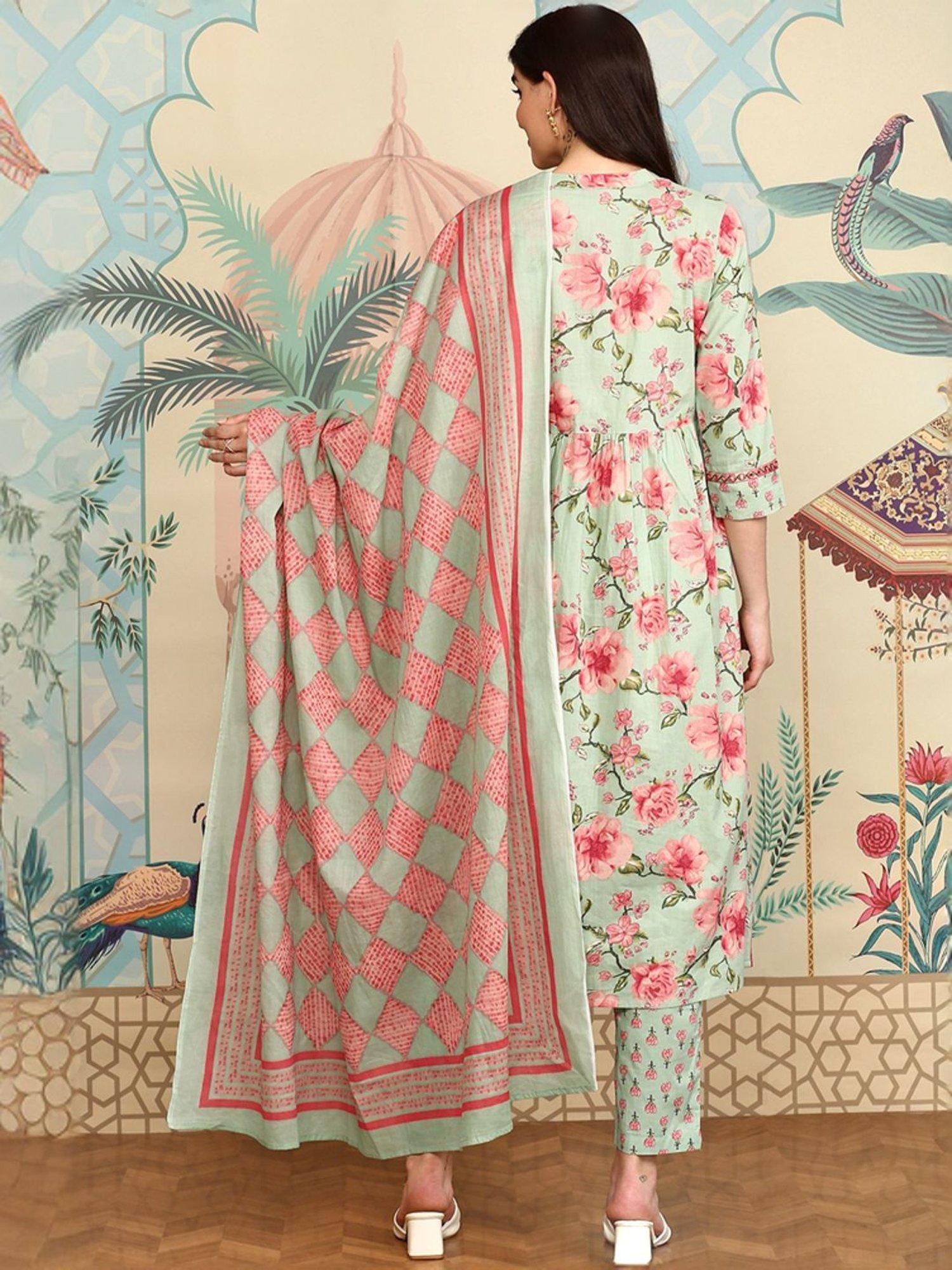Ishin Green & Pink Floral Print Kurta & Pants Set with Dupatta