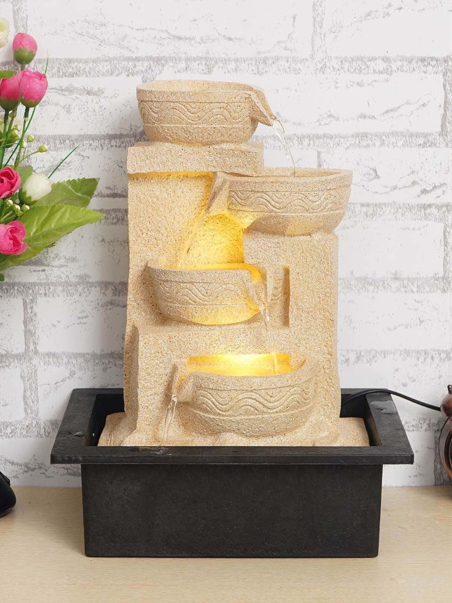 CHRONIKLE Cream Polyresin Table Top 4 Steps Waterfall Fountain