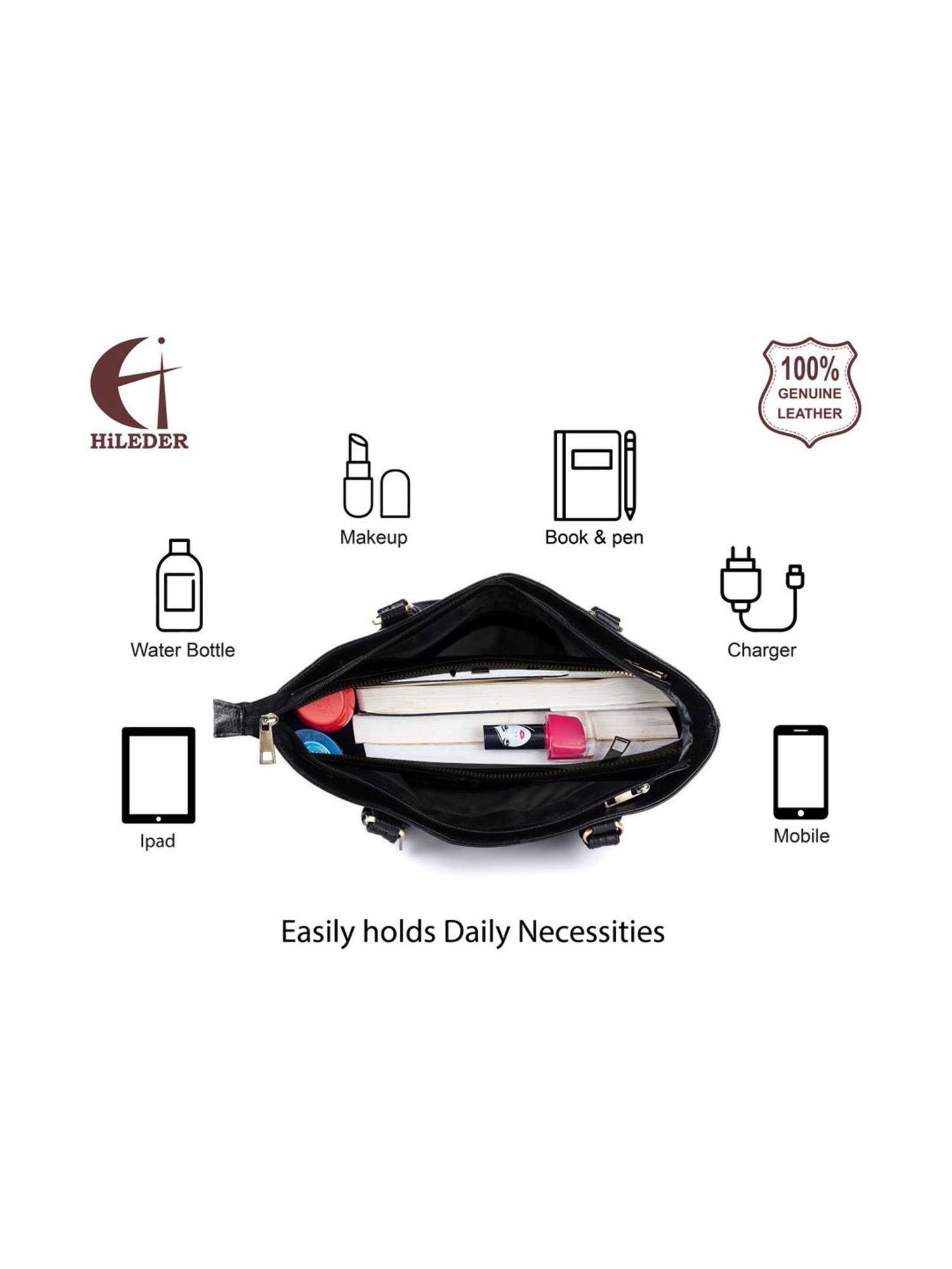 HiLEDER Black Solid Large Tote Handbag