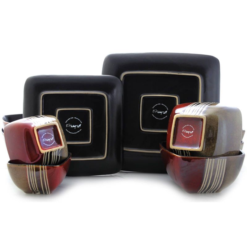 16pc Stoneware Double Color Square Dinnerware Set Red/Tan - Elama