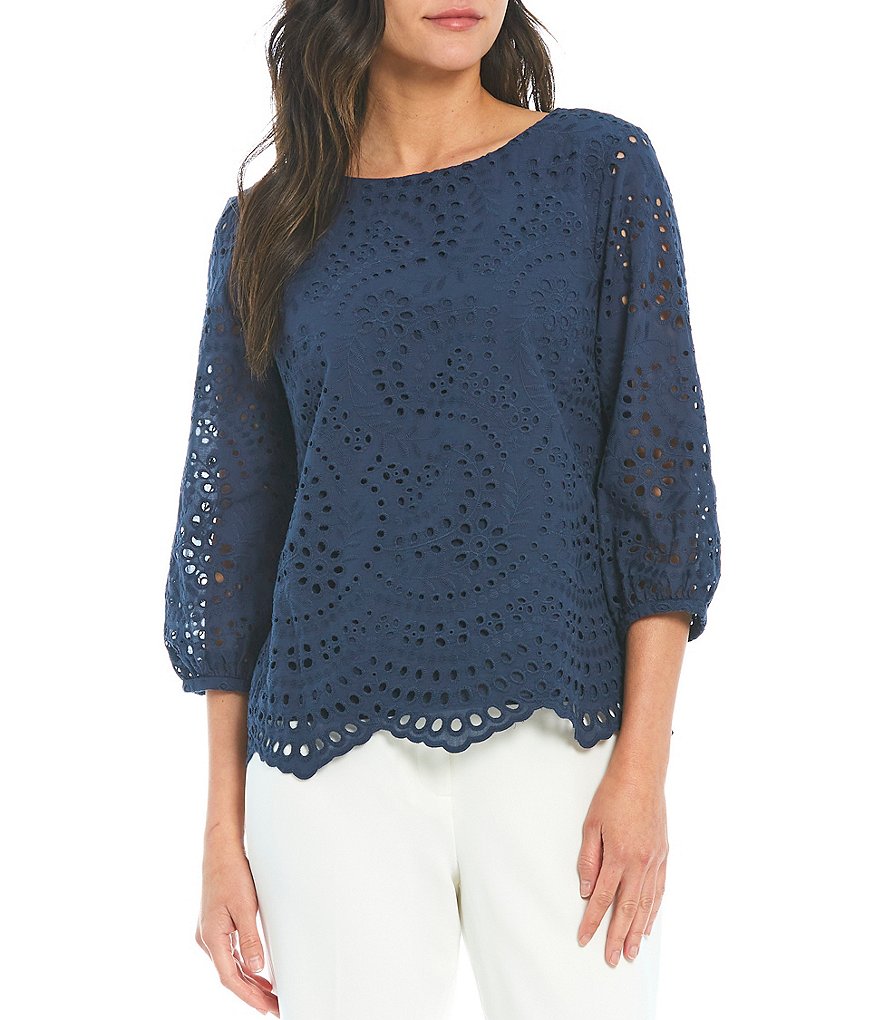 Preston & York Alexia Eyelet Boat Neck 3/4 Sleeve Woven Blouse