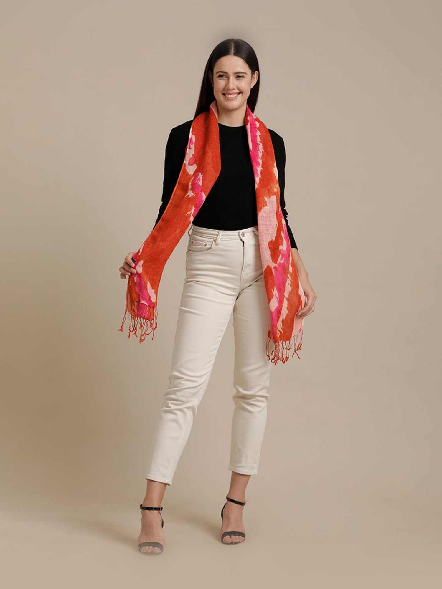 Linen Club Pink Printed Pure Linen Stole