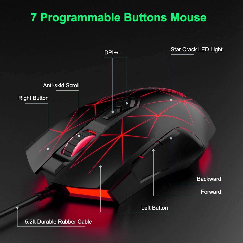 Gaming Mouse Wired, USB Optical Computer Mice with RGB Backlit, 2 Adjustable DPI Up to 2400, Ergonomic Gamer Laptop PC Mouse   for Windows 7/8/10/XP -Black