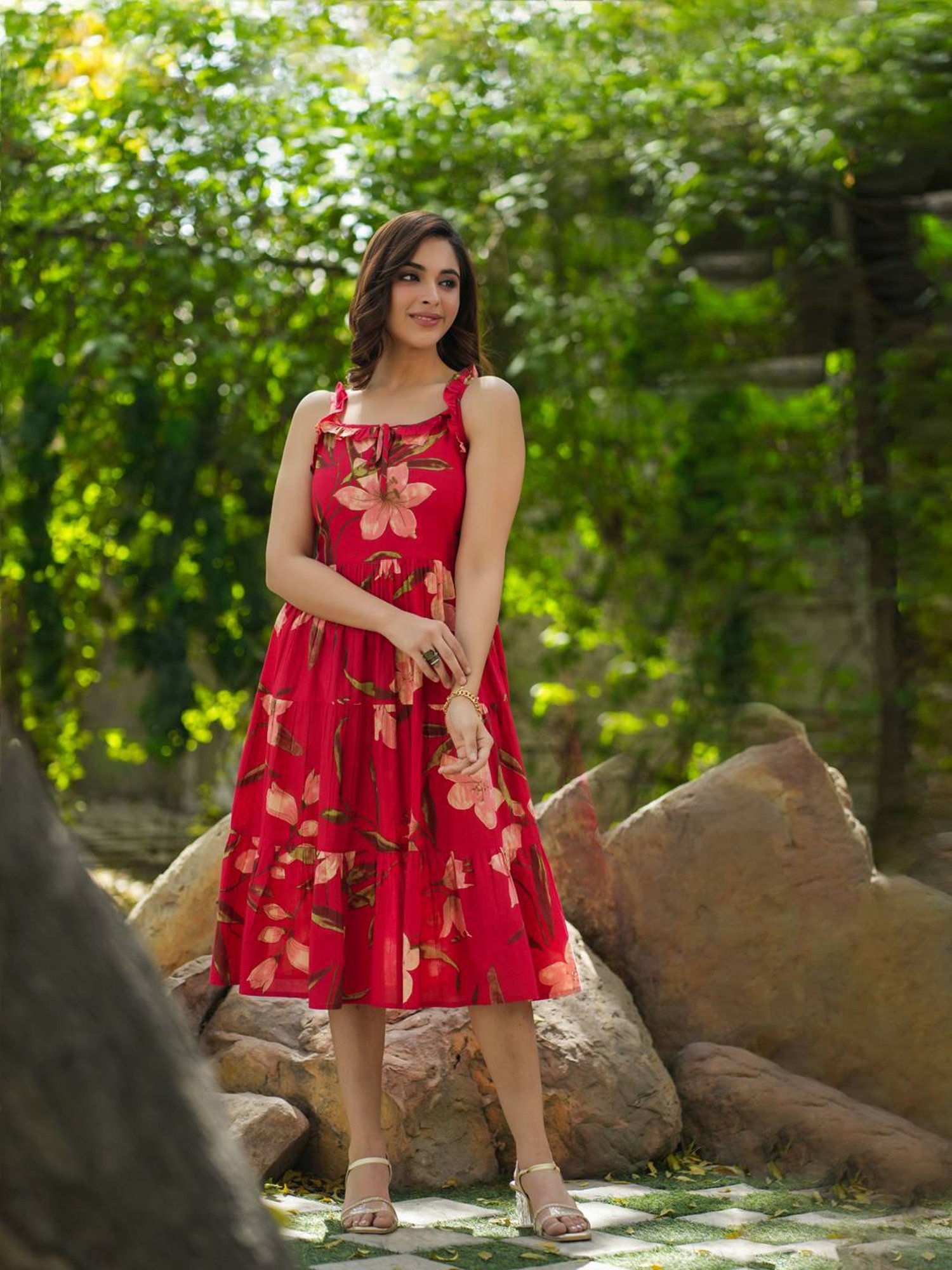 Rain and Rainbow Red Cotton Floral Print A-Line Dress