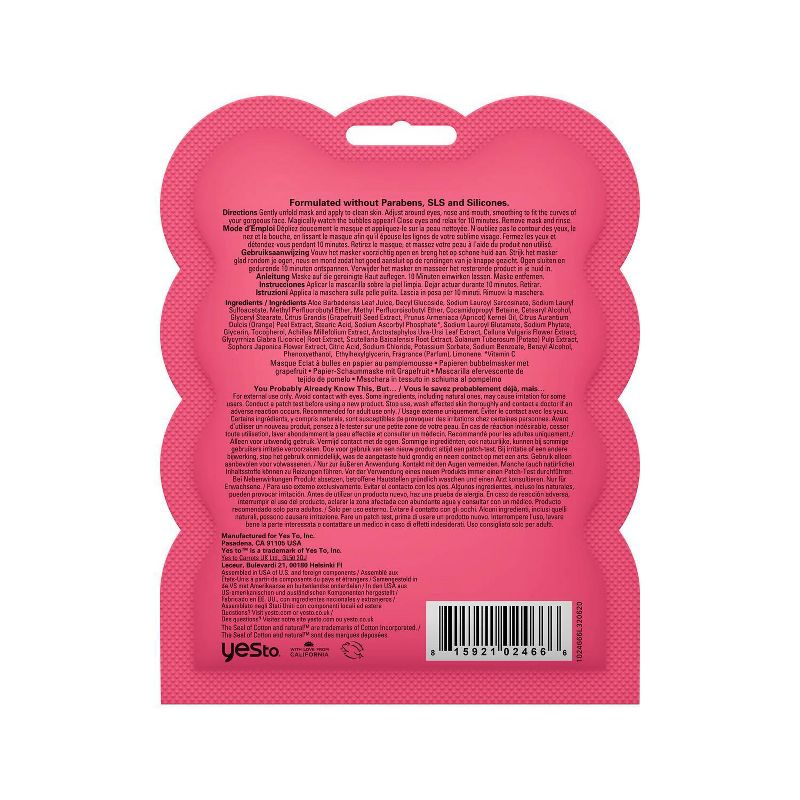 Yes To Grapefruit Vitamin C Glow Boosting Bubbling Paper Single Use Face Mask - 0.67 fl oz