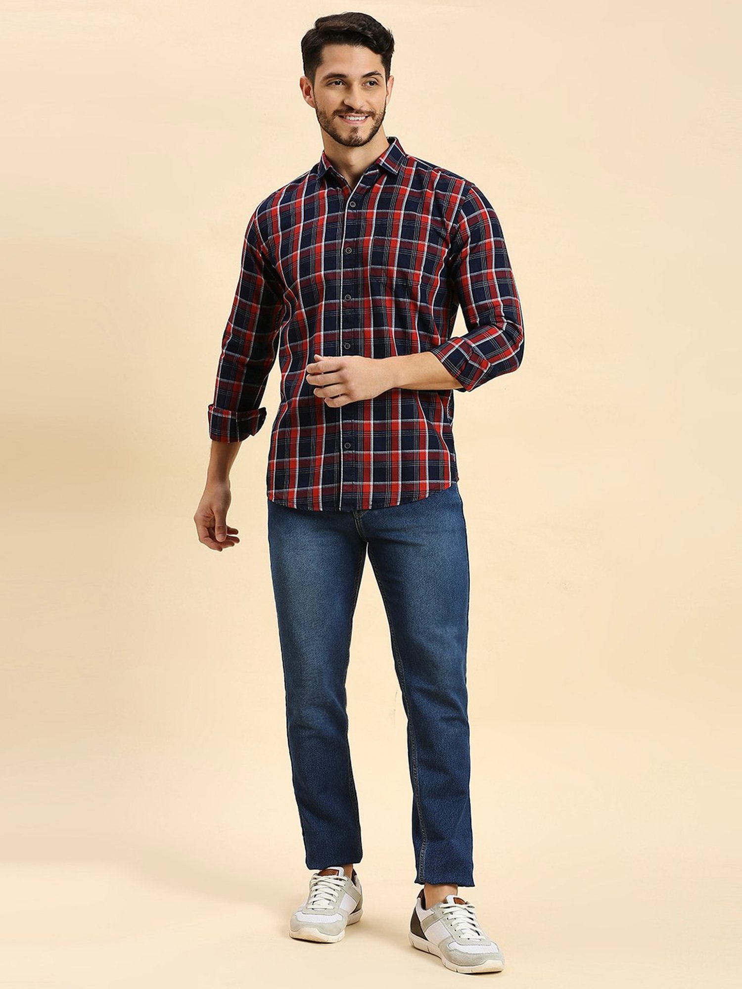 HJ HASASI Navy Slim Fit Check Cotton Shirt