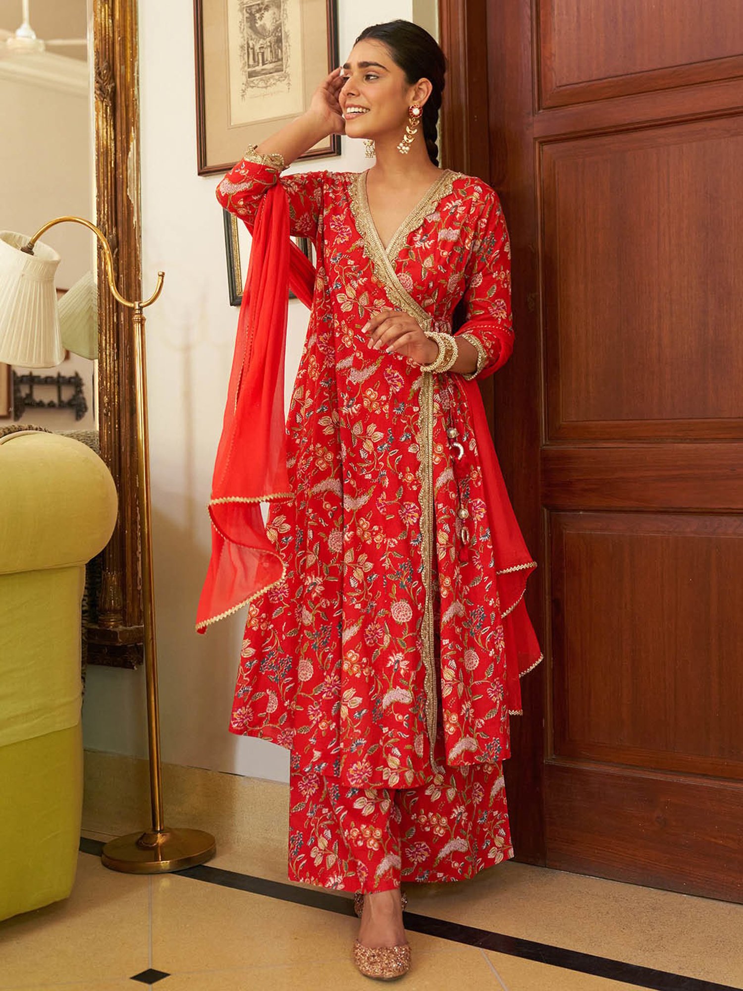 Janasya Red Cotton Floral Print Kurta With Sharara & Dupatta