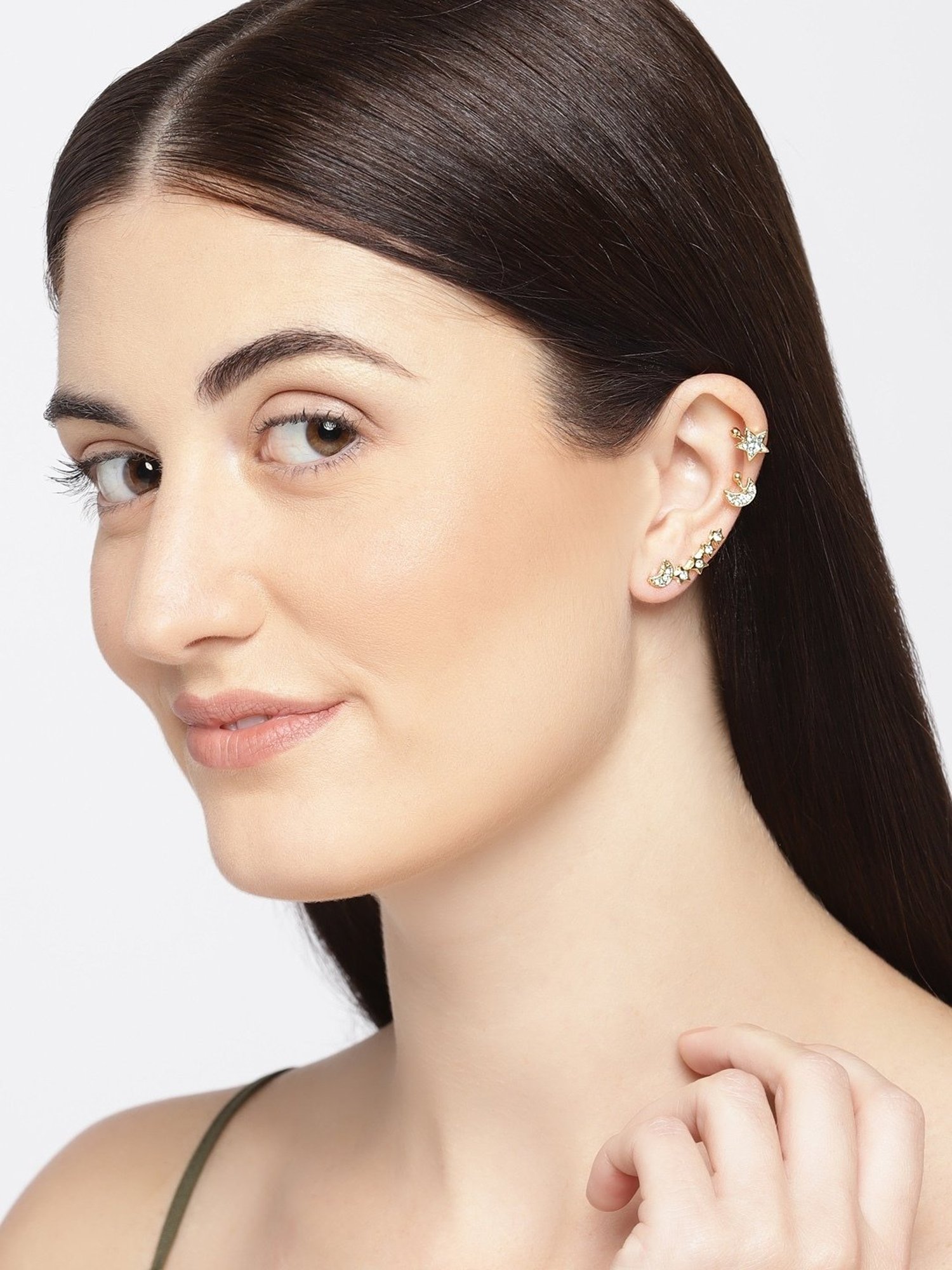 OOMPH Pair of Golden Tone Crystal Small Star & Moon Ear Cuff Earrings for Women - Set of 3
