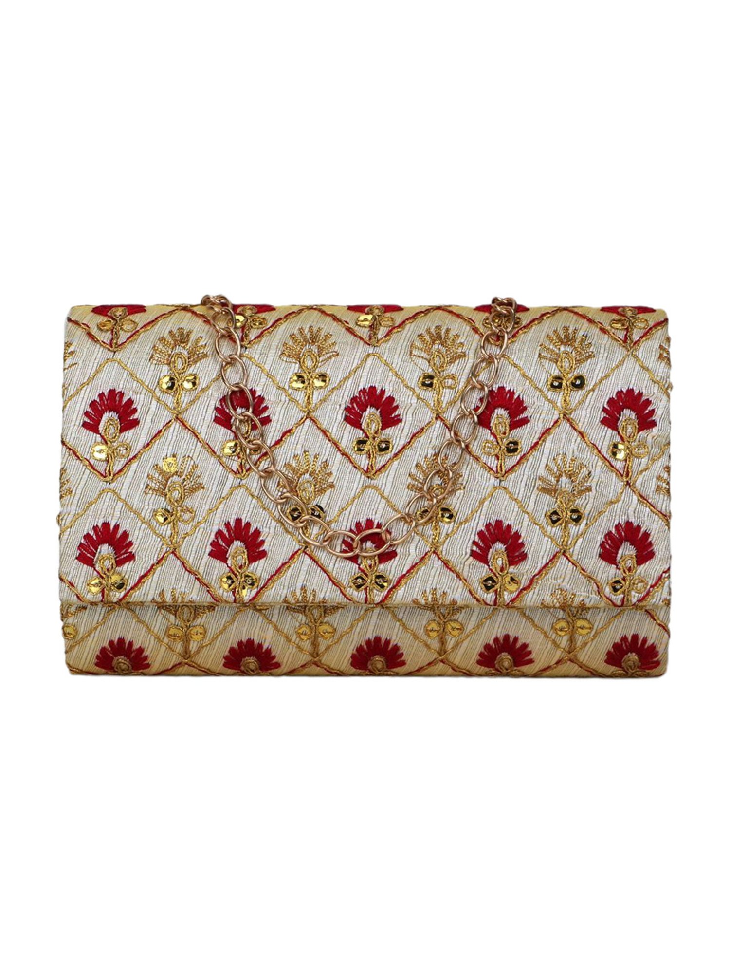 Spice Art Maroon Gold Embroidered Medium Clutch