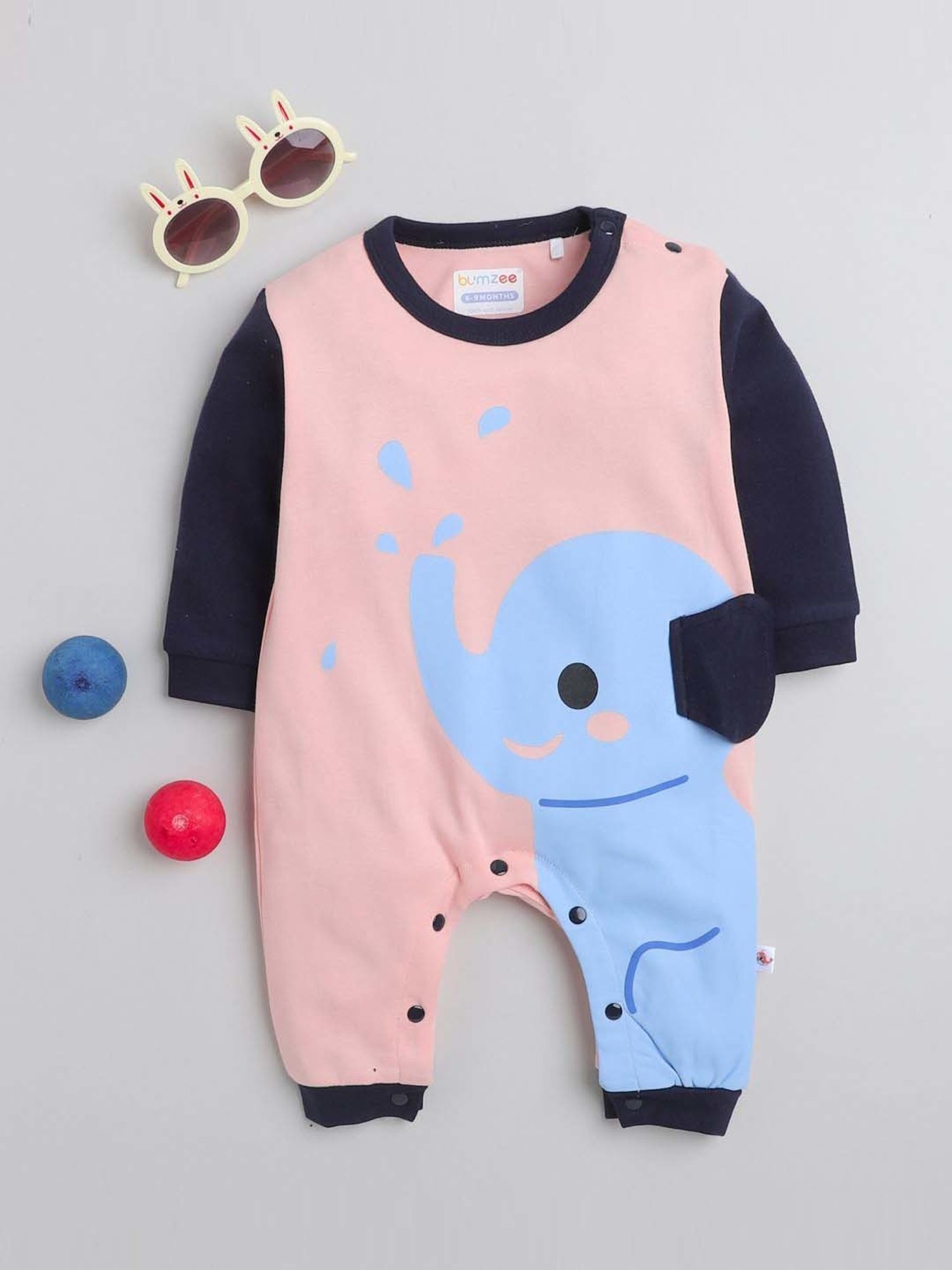 Bumzee Kids Peach & Navy Printed Full Sleeves Bodysuit