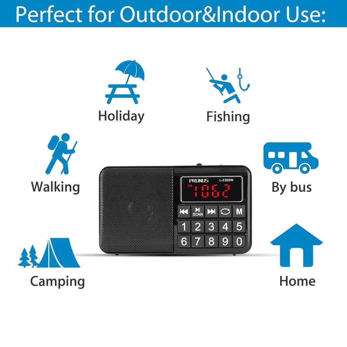 PRUNUS Portable Radio SW/FM/AM(MW)/MP3/USB/SD/TF Rechargeable with Neodymium Speaker. Large Button and Large Display. Stores Stations Automatically. (NO Manual Memory/Delete Stations Function)