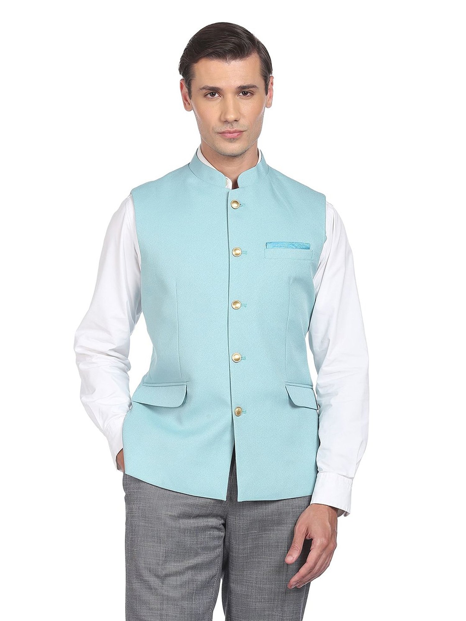 AD by Arvind Aqua Mandarin Collar Nehru Jacket