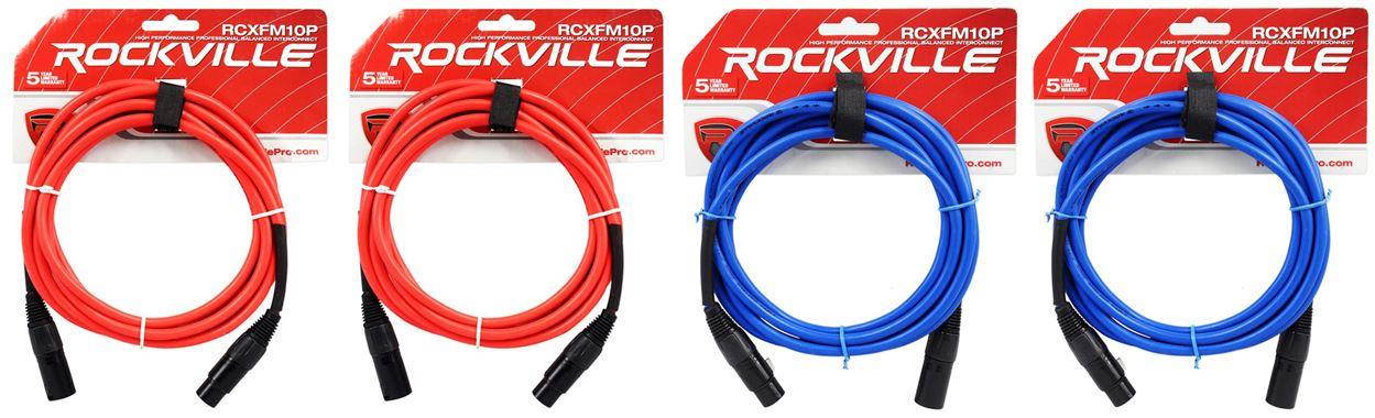 4 rockville 10' female to male rean xlr mic cable 2 red and 2 blue
