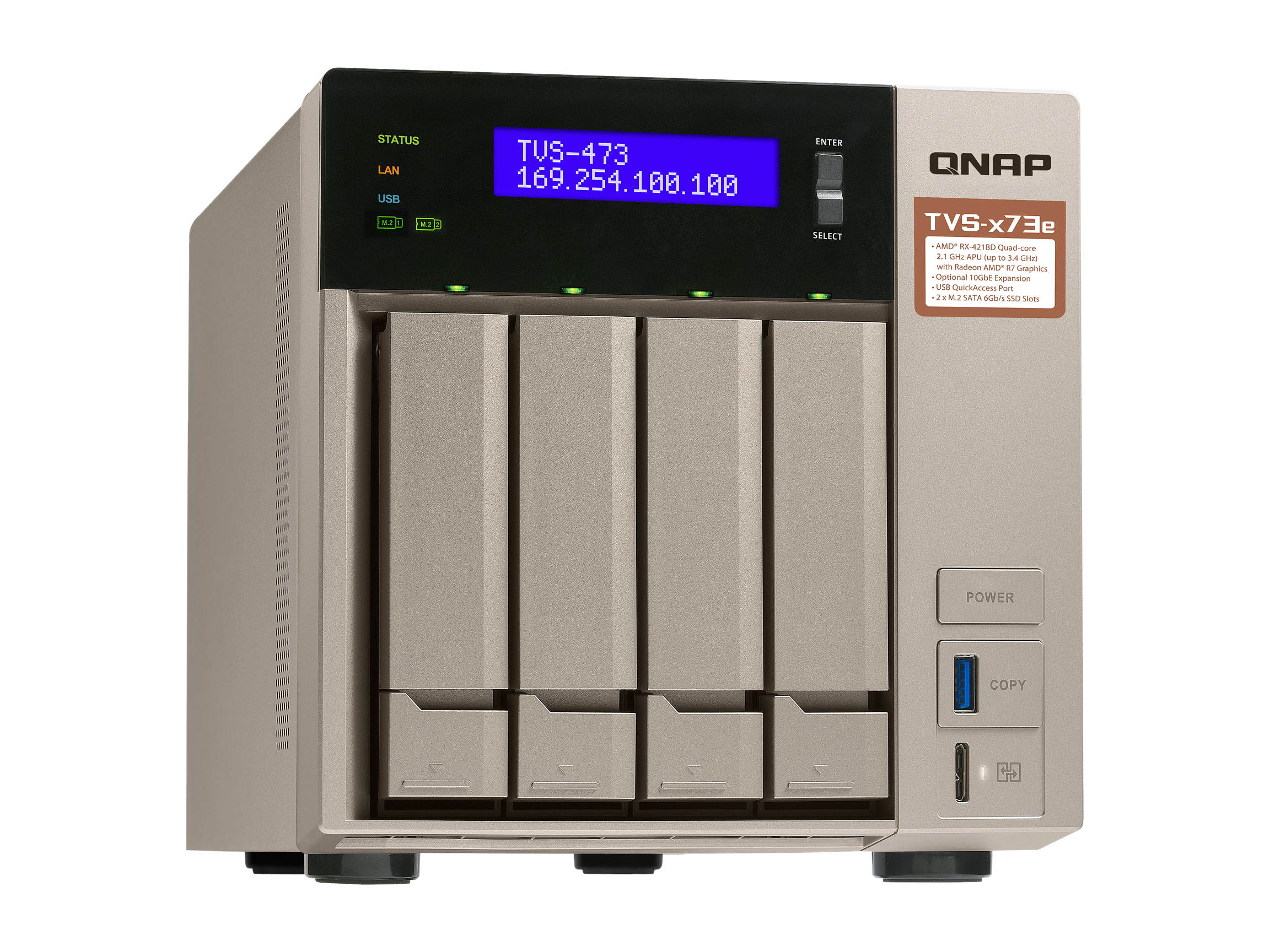 Qnap 4-bay NAS/iSCSI IP-SAN, AMD R series Quad-core 2.1GHz, 4GB RAM, 10G-ready (TVS-473e-4G-US)