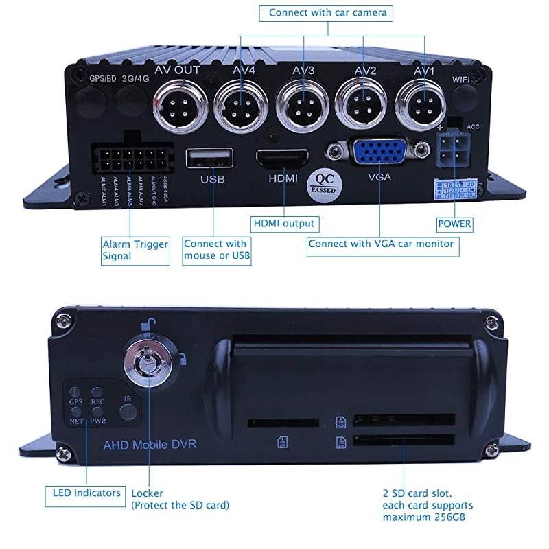 4 Channel 1080P AHD Two SD 512GB Mobile Vehicle Car DVR MDVR Video Recorder Kit with IR Night Vision Waterproof Side Front Rear View Sony Camera 7 inch Car Monitor for Truck RV Van Bus