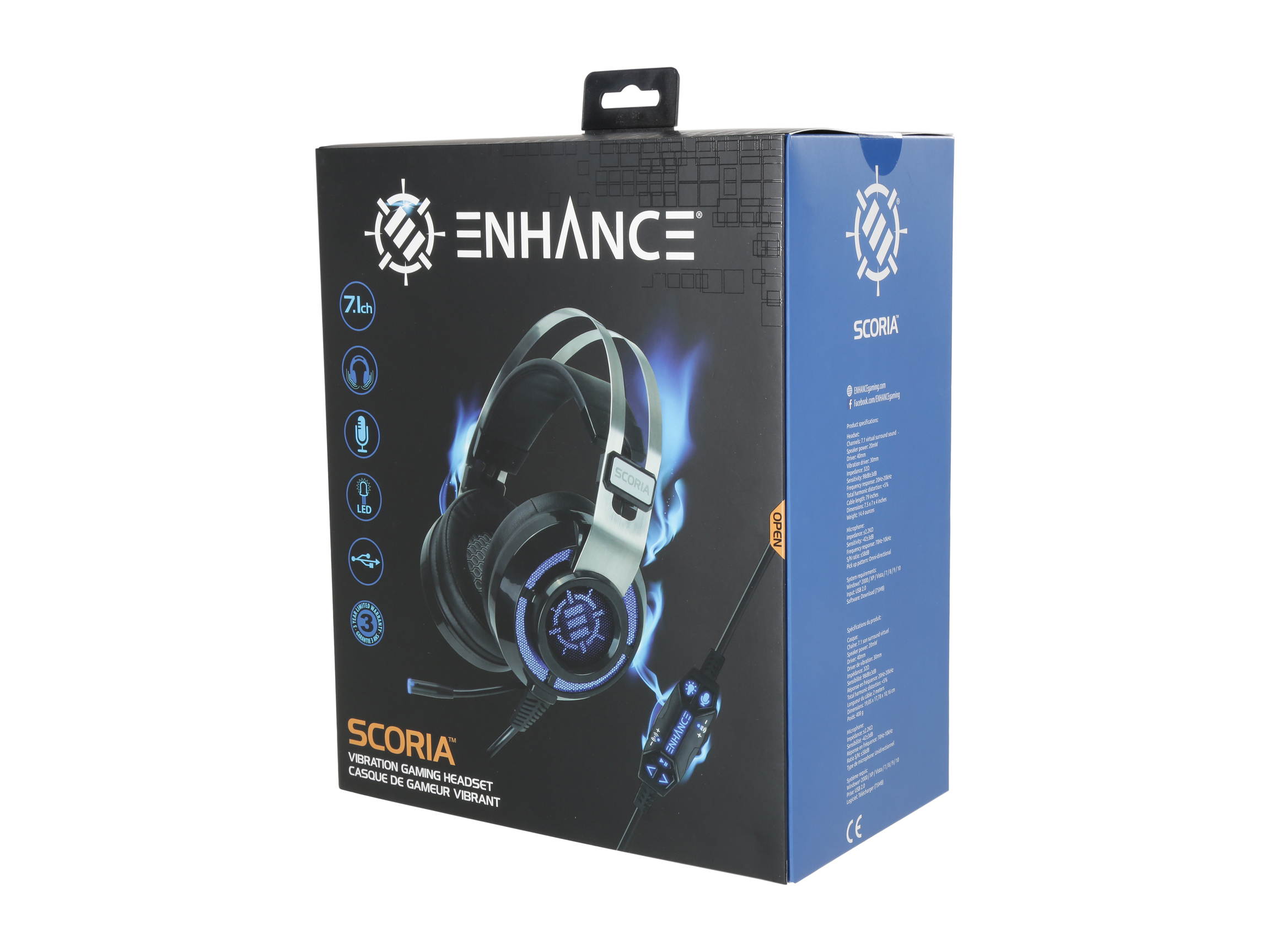 ENHANCE SCORIA USB PC Gaming Headset with 7.1 Surround Sound, Bass Vibration, Adjustable LED Lighting, Volume Control and Retractable Microphone - TeamSpeak Certified