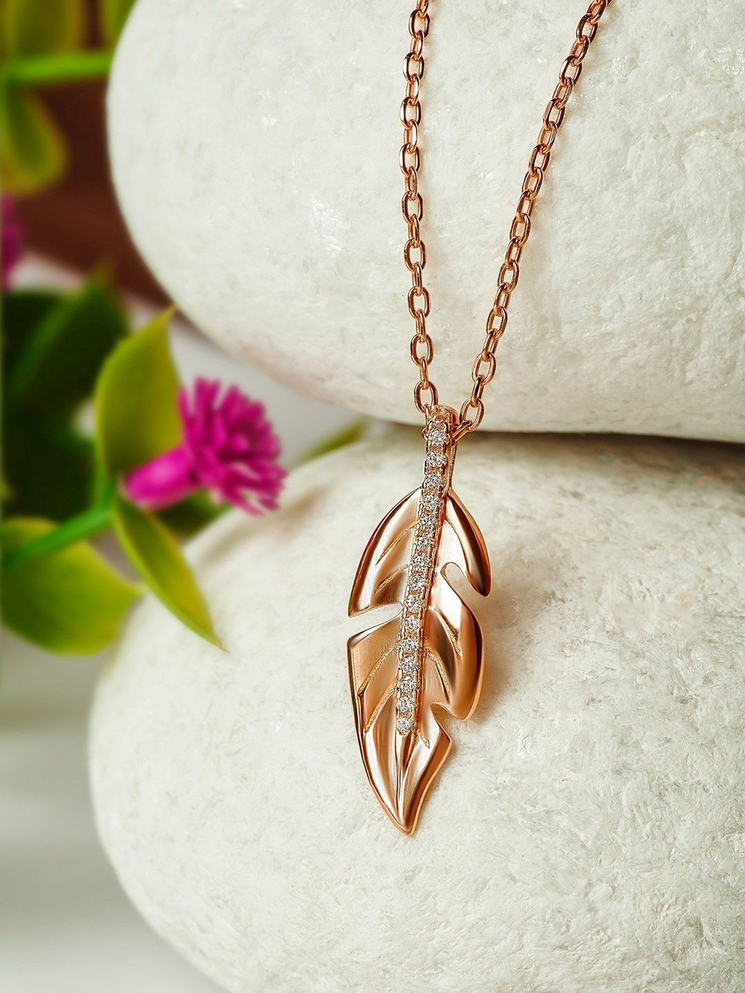 Silberry 92.5 Sterling Silver Rose Gold Leaf Pendant with Chain