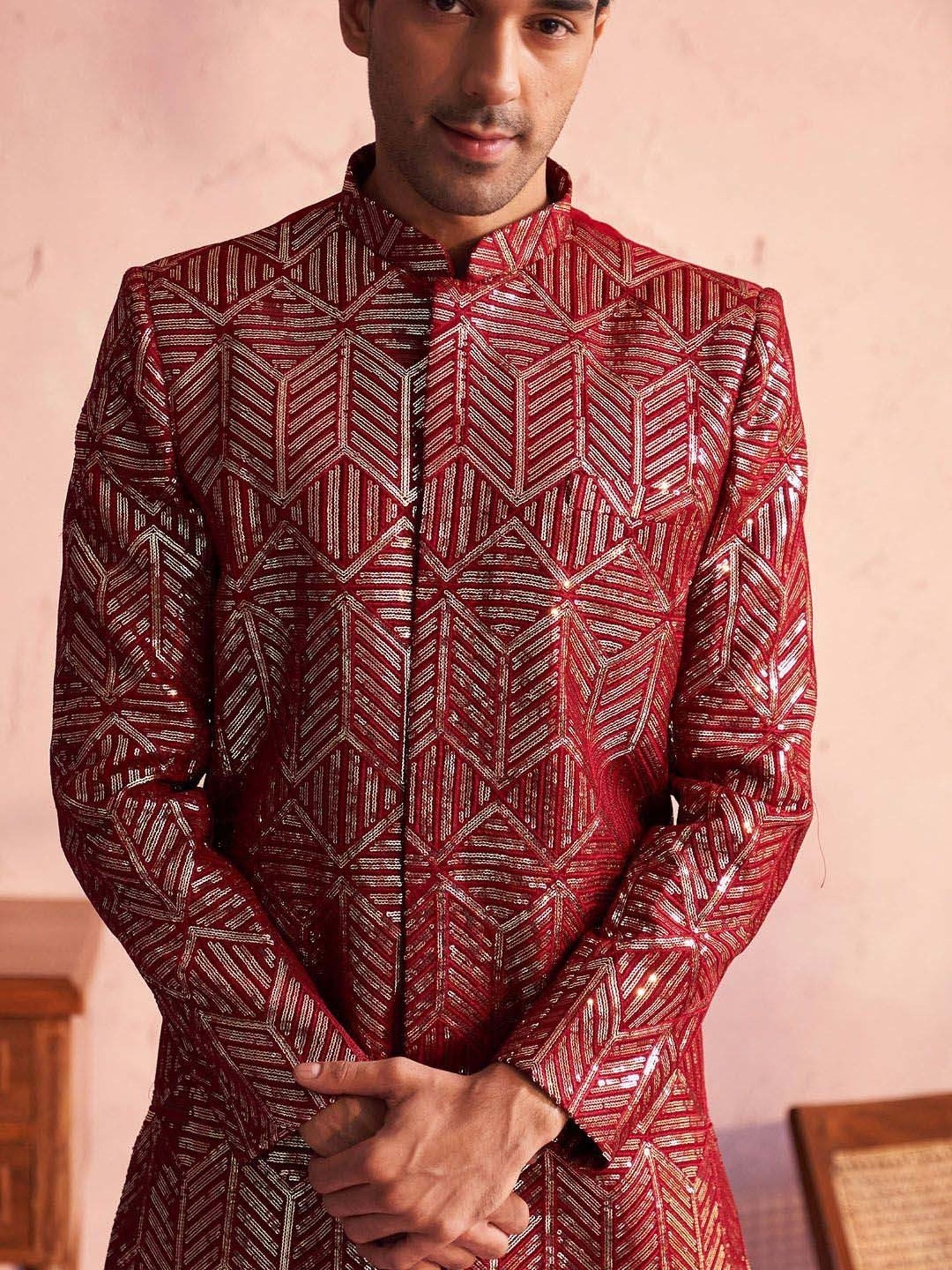 Vastramay Maroon Regular Fit Embroidered Sherwani Set