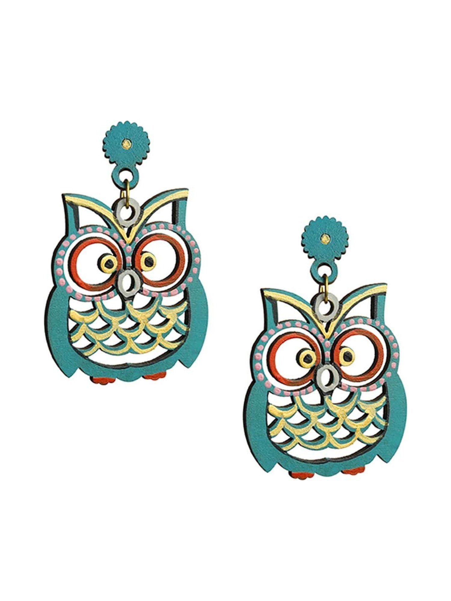 ExclusiveLane 'Symphony of Owls' Teal Blue Handpainted Earrings in Recycled Wood