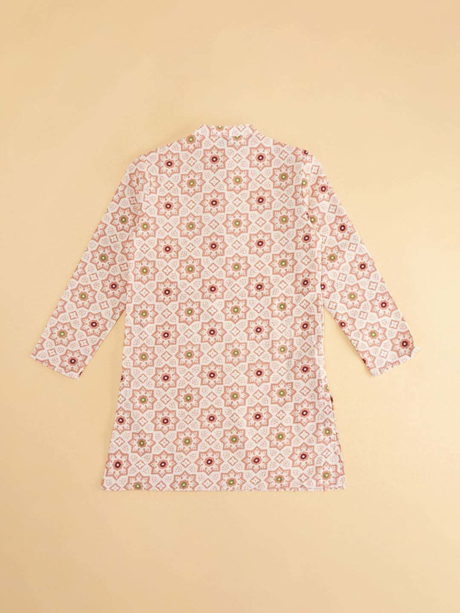 Indus Route by Pantaloons Kids Coral Cotton Floral Print Full Sleeves Kurta