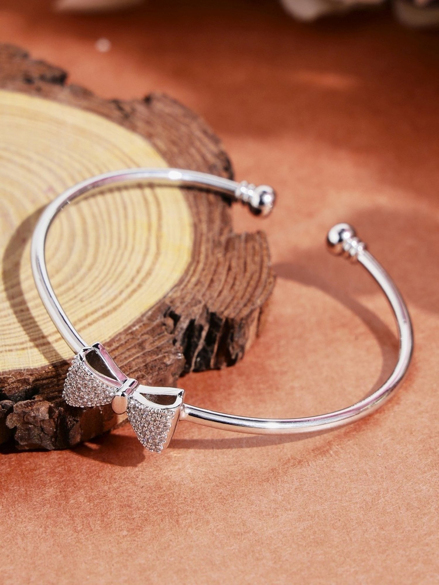 Prita by Priyaasi Studded Bow Silver-Plated Cuff Bracelet